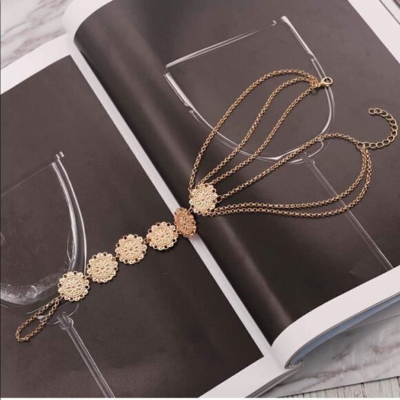 Yellow Gold Adjustable Boho Coin Anklet Foot Chains - Set of 2 - Picture 3 of 5